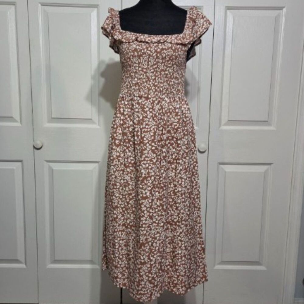 English Factory Ditsy Floral Smocked Maxi Dress Brown/Cream Cottagecore